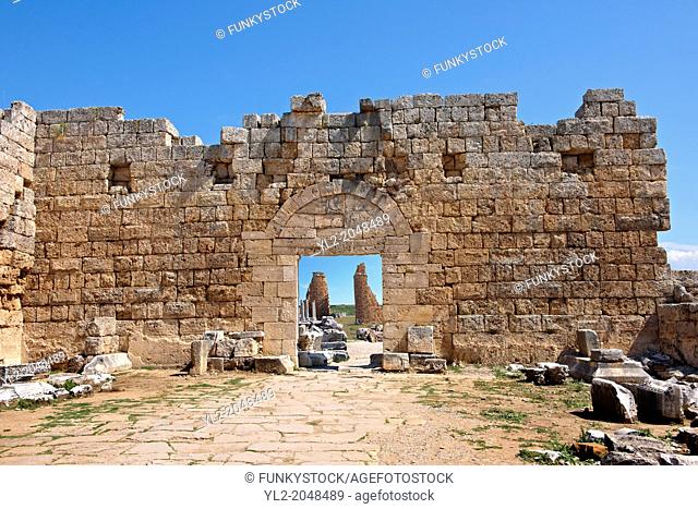 Roman gates & fortifications of Perge, 3rd cent with the older towers of the Hellenistic gates inside. AD. Perge (Perga) archaeological site, Turkey