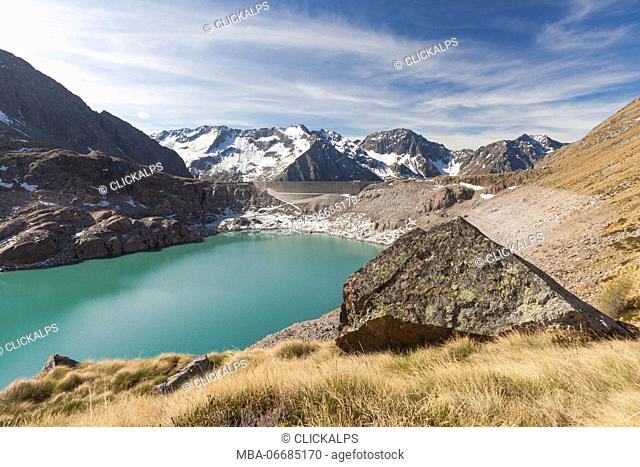 View of Lake Baitone and the high peaks in background Val Malga Adamello Regional Park province of Brescia Lombardy Italy Europe