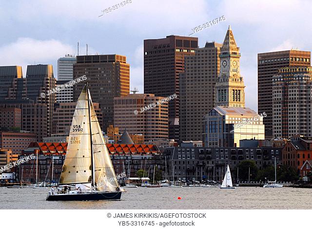 A Sailboat Passes in Front of the Custom House and the Boston Skyline