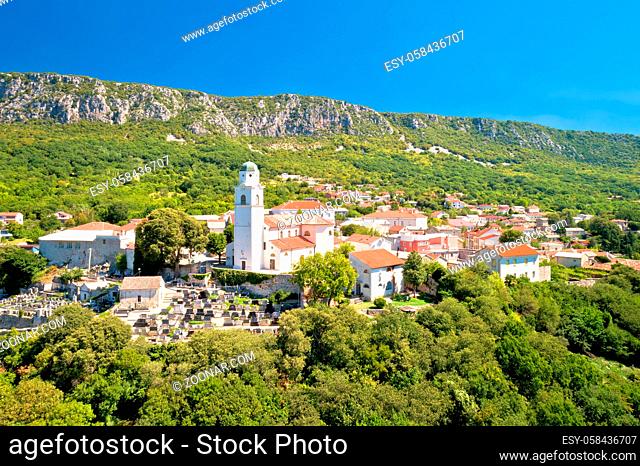 Historic town of Bribir and Vinodol valley cliffs aerial view, Kvarner region of Croatia