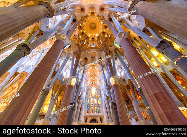 The interior of Sagrada Familia (Church of the Holy Family), the cathedral designed by Gaudi in Barcelona, Spain