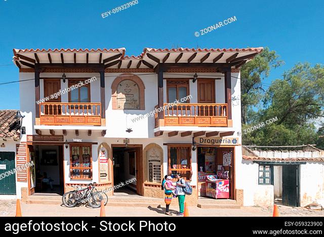 Villa de Leyva February 2018 This is a detail of Villa Leyva town in Colombia. Its streets are full of small shops and cafes where tourists can buy souvenirs...