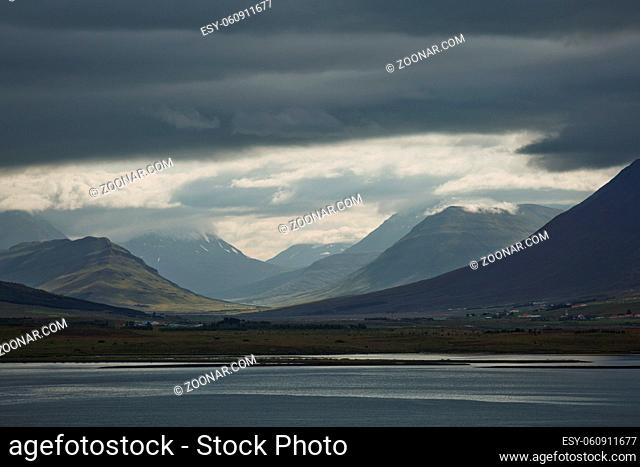Beautiful view and landscape of icelandic fjord that is surrounding town of Akureyri in Iceland