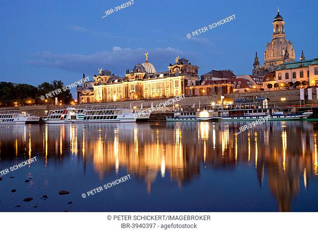 Bank of the Elbe River with Brühl's Terrace, Dresden Academy of Fine Arts, Frauenkirche Church, Church of our Lady, and excursion boats, Dresden, Saxony