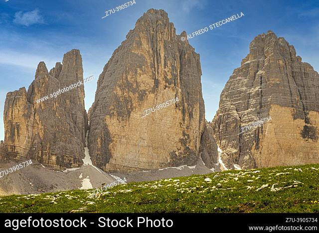 Dolomites in Trentino Three peacks of Lavaredo, big stones Unesco