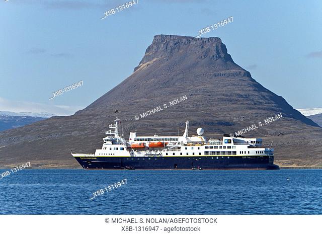 The Lindblad Expedition ship National Geographic Explorer in Adalvik Bay, Iceland  MORE INFO Lindblad Expeditions has run expeditions to Iceland since the...