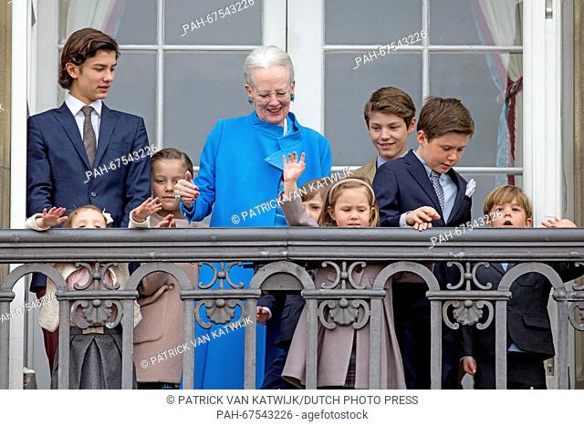 Prince Nikolai (l-r), Princess Athena, Princess Isabella, Queen Margrethe, Prince Henrik, Princess Josephine, Prince Felix, Prince Christian