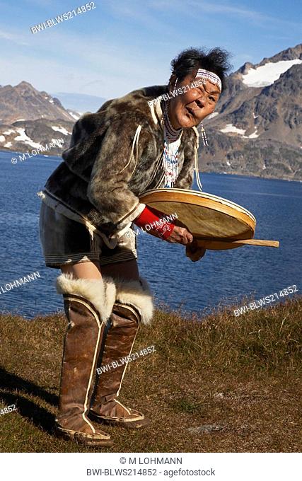 shaman dancing with tabour, Greenland, Ammassalik, East Greenland, Kulusuk