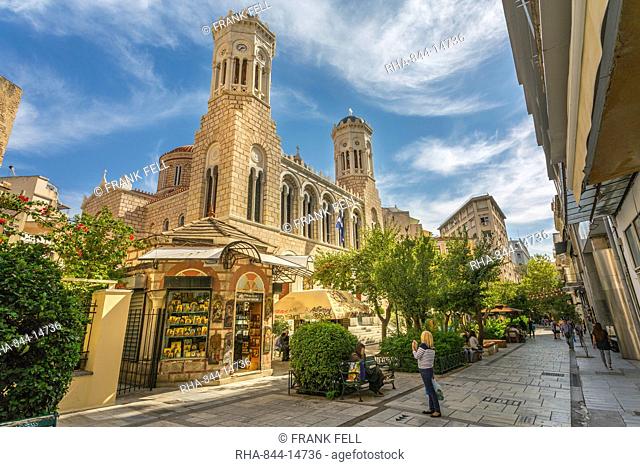 View of St. Irene Orthodox Church and souvenir shop, Monastiraki District, Athens, Greece, Europe