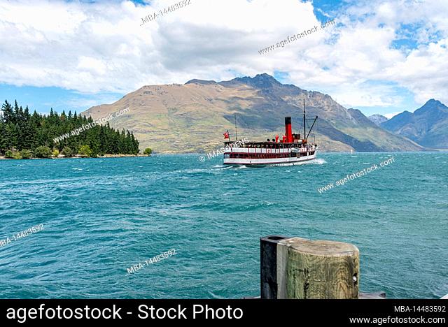 Antique steamboat on lake Wakatipu in Queenstown, South Island of New Zealand