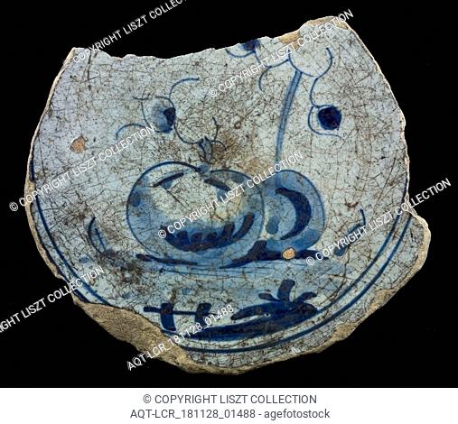 Fragment majolica dish, blue on white, with an apple and cherry? on ground, plate dish crockery holder soil find ceramic earthenware glaze