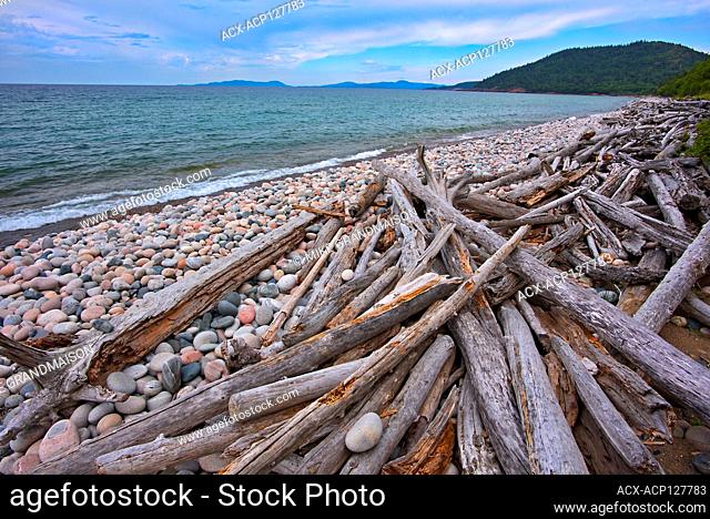 Rocks and driftwood on Pebble Beach. Lake Superior. Marathon Ontario Canada