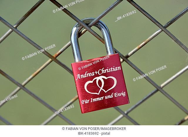 Love lock on Thalkirchen Bridge, Thalkirchen, Munich, Upper Bavaria, Bavaria, Germany