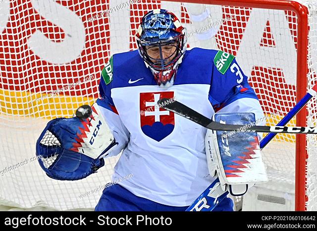 Goalkeeper Julius Hudacek (SVK) in action during the 2021 IIHF Ice Hockey World Championship, Group A match Slovakia vs Czech Republic, played in Riga, Latvia