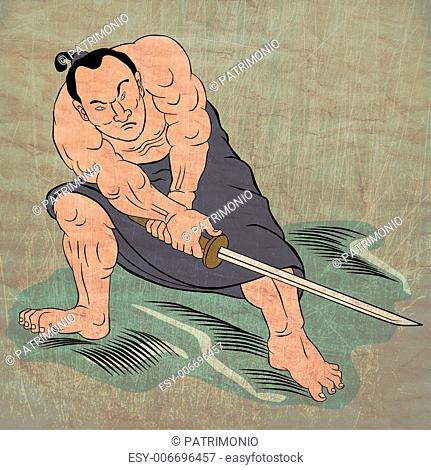 illustration of a Samurai warrior with katana sword in fighting stance done in cartoon style Japanese wood block print