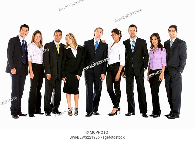 large group of smiling businesspeople standing side by side