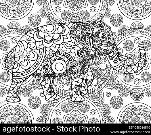 Ethnic Indian elephant over ornate background. Vector illustration