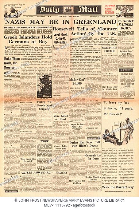 1941 front page Daily Mail False report of German Forces in Greenland
