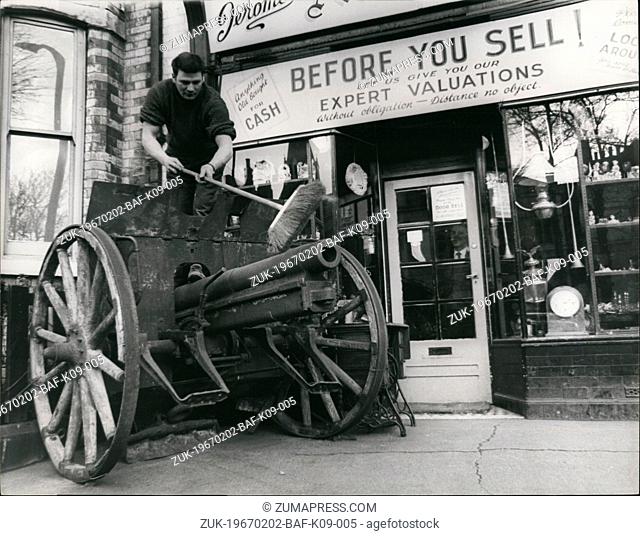 Feb. 02, 1967 - Antique German Field Gun for Sale : Standing on the forscourt outside the shop of antique dealer, Jerome Titus Walah, in Hull, is an 80mm