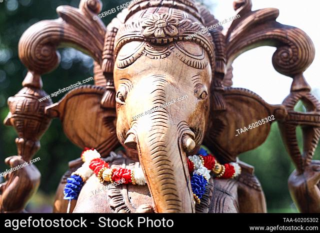 RUSSIA, MOSCOW - JULY 2, 2023: A Ganeshi statue is seen during Yoga Day Russia 2023, a yoga festival marking the International Day of Yoga, in Tsaritsyno Park
