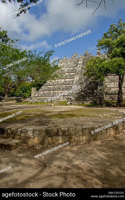 View of the tomb of the Grand Sacerdote with the platform of Venus in the foreground in the Chichen Itza Archaeological Zone (UNESCO World Heritage Site) on the...