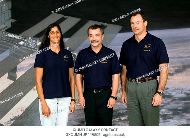 Astronaut Sunita L. Williams (left), Expedition 14 flight engineer; cosmonaut Mikhail Tyurin, flight engineer representing Russia's Federal Space Agency; and...