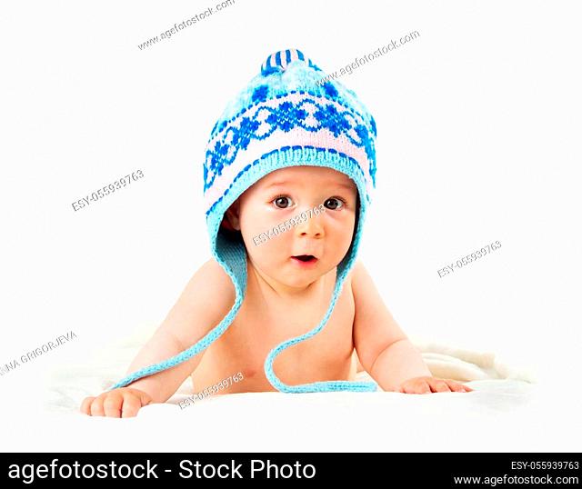 little baby isolated on white background lying on soft blanket