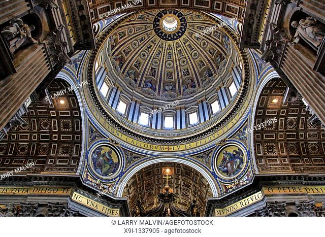 Ceiling detail with large oval dome inside St  Peter's Basilica in the Vatican, Rome, Italy