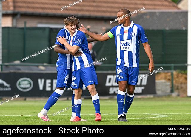 Gent's Robbie Van Hauter and Gent's Vadis Odjidja-Ofoe celebrate after scoring during a friendly game between KSC Dikkelvenne and first division soccer team KAA...