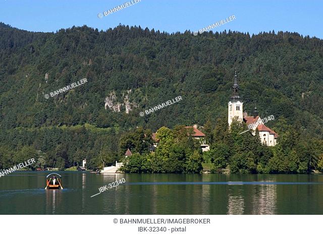 Bled at the Lake Bled with the island Otok and the church St. Mary Gorenjska Slovenia Europe