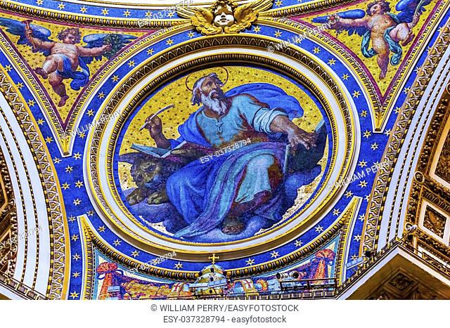 Saint Mark Winged Lion Gospel Writer Evangelist Mosaic Angels Saint Peter's Basilica Vatican Rome Italy. Mosaic right below Michaelangelo's Dome