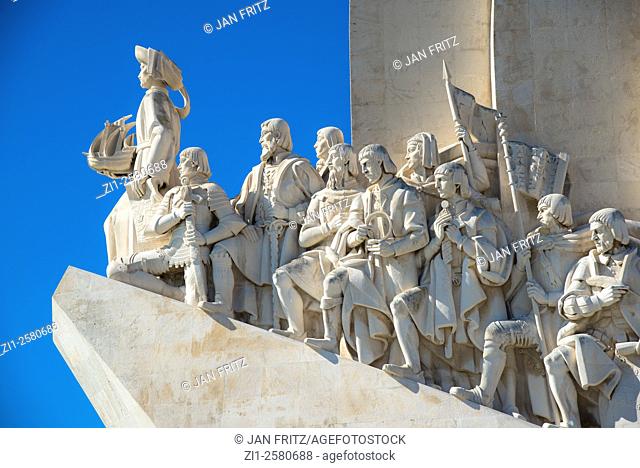 detail with columbus and other figures at padrao dos descobrimentos monument in lisboa portugal