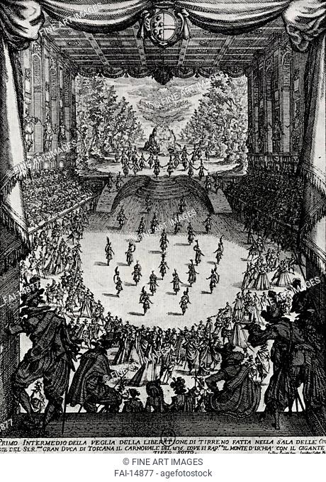 Illustration for Theatre play The interim Games by Andrea Salvadoris (first episode). Callot, Jacques (1592-1635). Etching. Baroque. 1617-1618