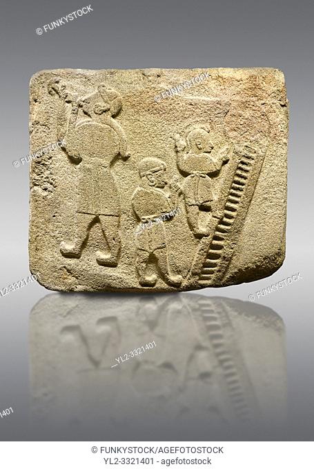 Upright picture of Alaca Hoyuk Sphinx Gate Hittite monumental relief sculpted orthostat stone panel. Andesite, Alaca, Corum, 1399 - 1301 B. C
