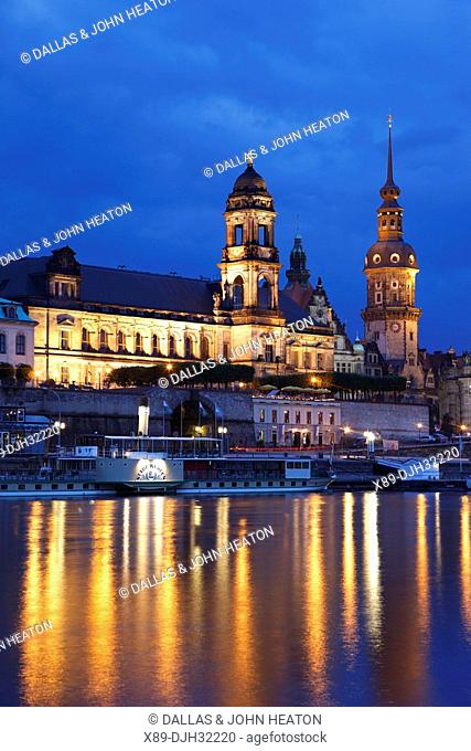 Germany, Saxony, Dresden, Old Town, Skyline, River Elbe, Hofkirche, Kathedrale St. Trinitatis, St. Trinity Cathedral, Hausmann Tower, Neues Ständehaus