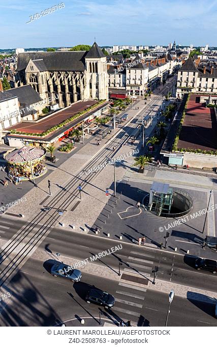 Anatole France Square and Nationale Street with Saint-Julien Church. Tours, Indre et Loire, Loire Valley, France, Europe