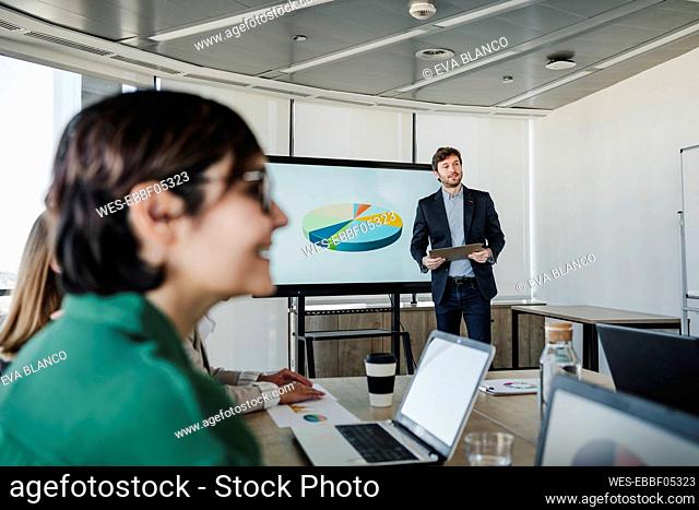 Businessman holding clipboard giving presentation to colleagues in board room