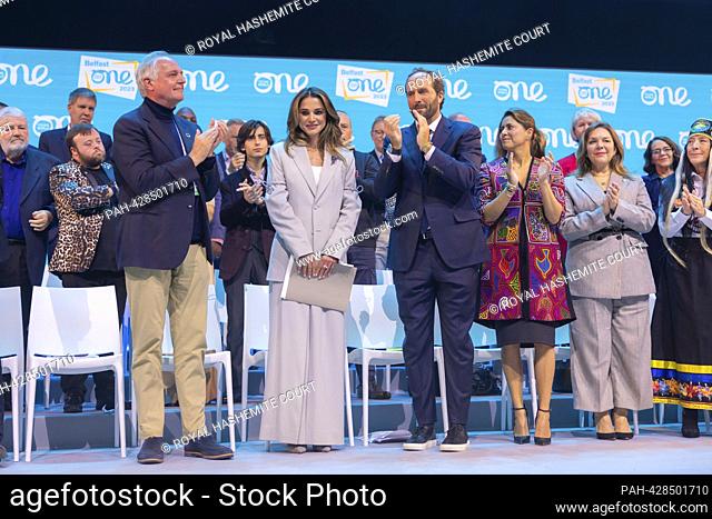 Queen Rania of Jordan in Belfast, on October 02, 2023, she calls on Young People to Use Their Time Wisely in the Pursuit of Peace and Progress at the One Young...