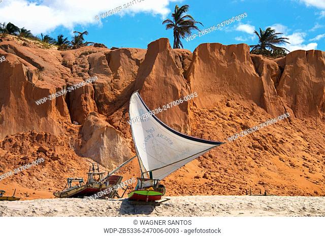 The name of this typical fishing boat is Jangada. Canoa Quebrada (Broken Canoe) Beach, CE, Brazil