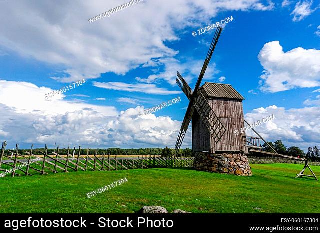 Angla, Estonia - 15 August, 2021: view of the Angla windmills on Saaremaa Island in Estonia