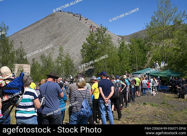04 June 2023, Saxony-Anhalt, Volkstedt: Visitors climb the tailings pile in Mansfelder Land. The dump is part of the former ""Fortschritt"" copper mining shaft...