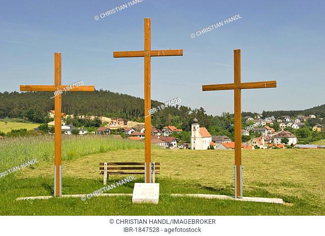 Weather Crosses and the Church of the Ascension, Hollenthon, Bucklige Welt, Lower Austria, Austria, Europe