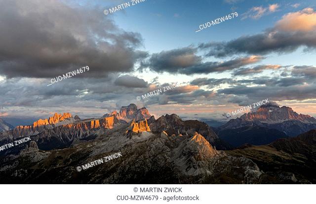 The dolomites in the Veneto. Monte Pelmo, Croda da Lago, Averau, Nuvolau, Ra Gusela and Civetta in the background. The Dolomites are listed as UNESCO World...