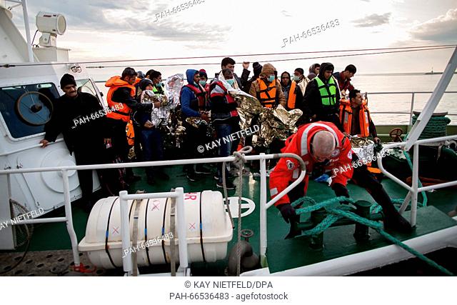 The 'Minden' sea rescue ship docks on the island of Lesbos in the port city of Mytilene, Greece, 09 March 2016. Over 40 refugees traveling by rubber raft across...