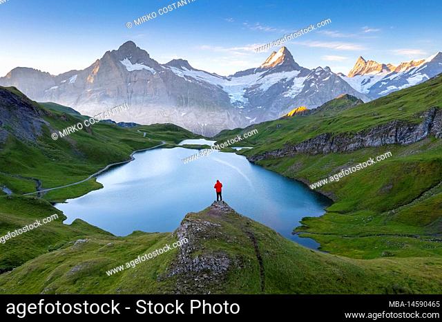 Aerial view of a person admiring the Bachalpsee lake during a summer sunrise. Grindelwald, Canton of Bern, Switzerland, Europe