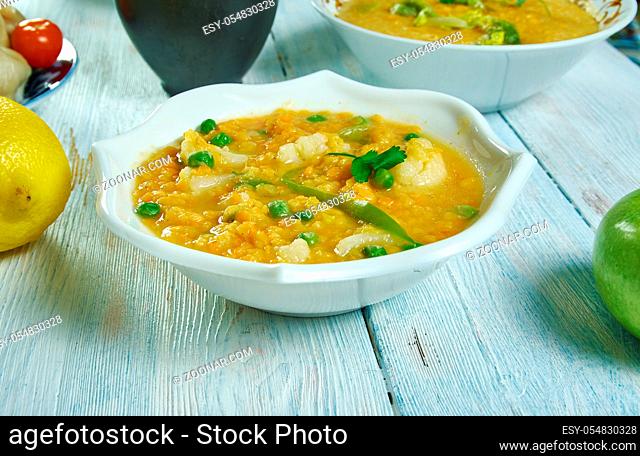 Hearty Vegetable Lentil Stew with Goda Masala , Maharashtrian national cuisine, Traditional assorted Asia dishes, Top view