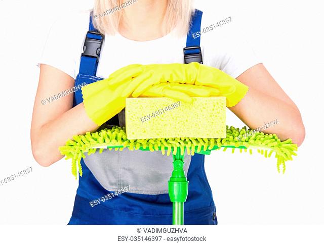 Young smiling cleaner woman with cleaning broom, on the white background