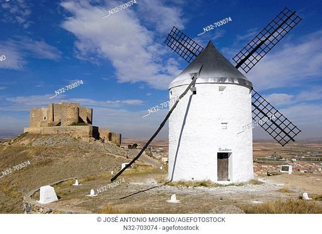 Windmill and Caballeros de San Juan de Jerusalén Castle (12nd century) . Consuegra. Toledo province. Route of Don Quixote. Castilla-La Mancha. Spain