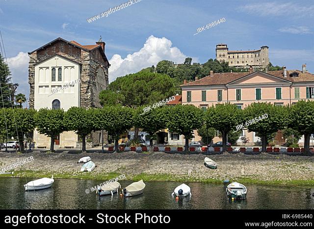 Church, marina and castle, Angera, Lake Maggiore, Lombardy, Italy, Europe