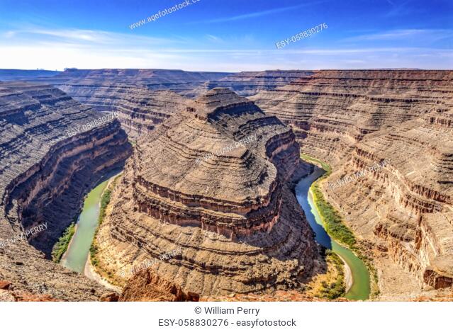 Great Goosenecks Three Entrenched Meanders San Juan River Meaders Rock Formation Canyon Monument Valley Utah. San Juan River running through three sinuous...